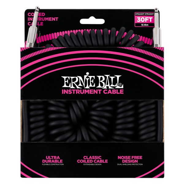 Ernie Ball 30' Coiled Straight End Instrument Cable Black