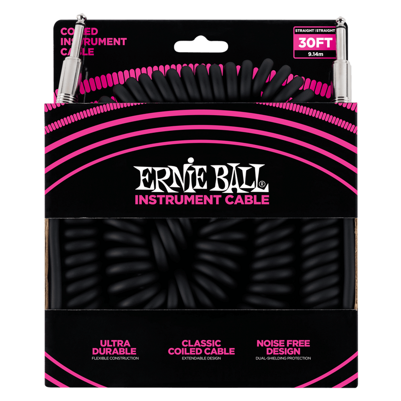 Ernie Ball 30' Coiled Straight End Instrument Cable Black