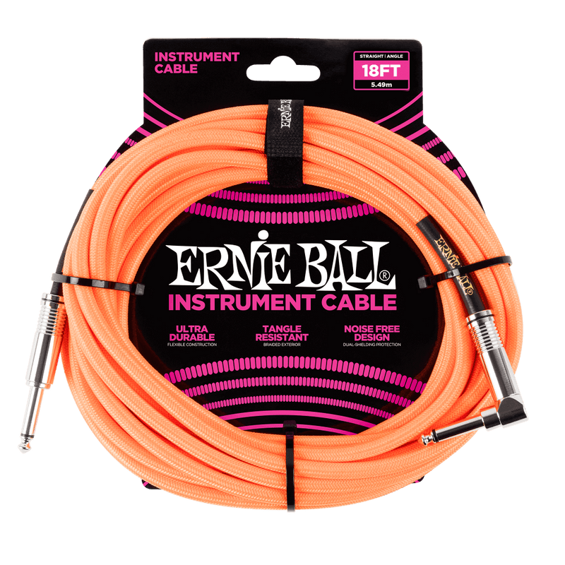 Ernie Ball 18' Braided Straight/Angle Instrument Cable Neon Orange