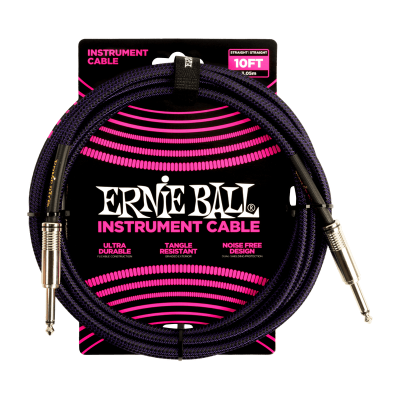 Ernie Ball 10' Braided Straight/Straight Instrument Cable Purple/Black