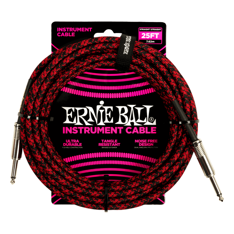 Ernie Ball 25' Braided Straight/Straight Instrument Cable Black/Red