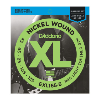 D'Addario EXL165 5-String Nickel Wound Bass Guitar Strings, Custom Light, 45-135, Long Scale