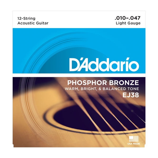 D'Addario EJ38 Phosphor Bronze 12-String Acoustic Guitar Strings, Light, 10-47